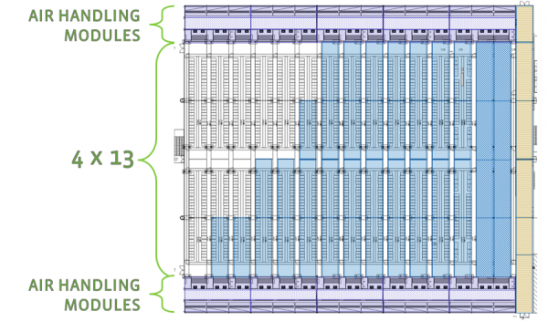 Plan view of 40’ modules being placed in a grid pattern