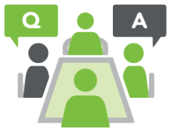 Group collaborating around a table with question and answer bubbles
